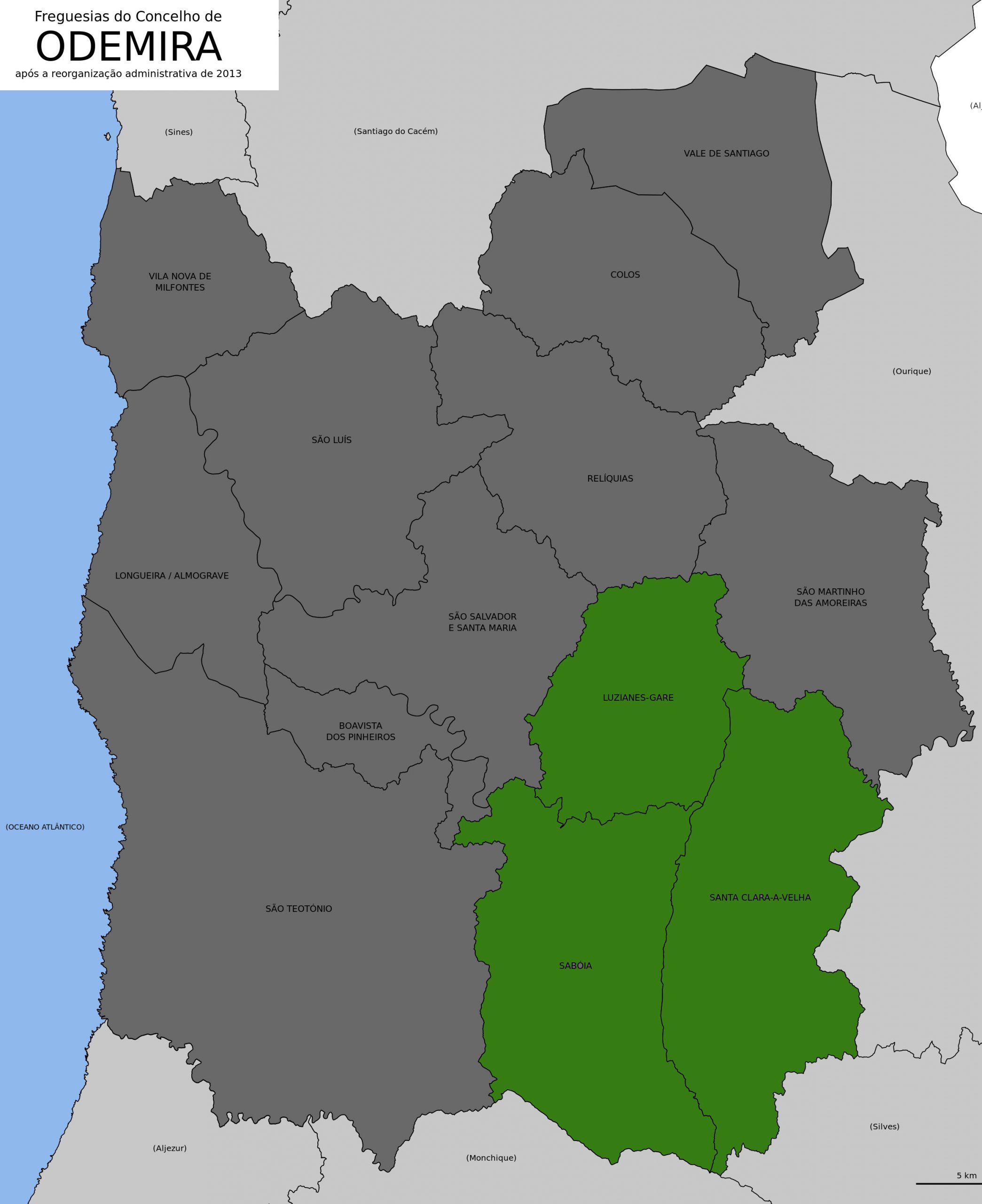 Mapa do concelho de Odemira - divisão por freguesias